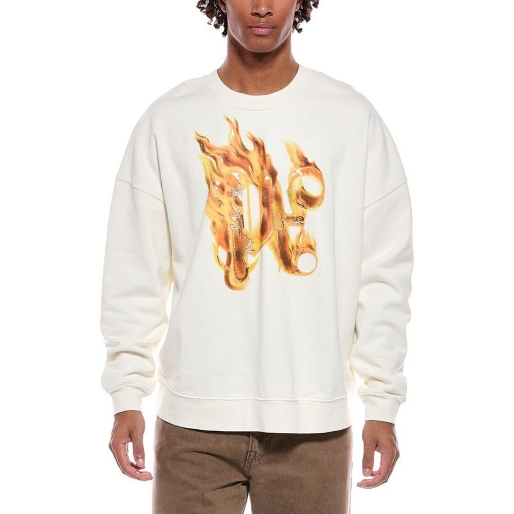 Palm Angels Mens  Burning Monogram Crewneck Sweatshirt, White